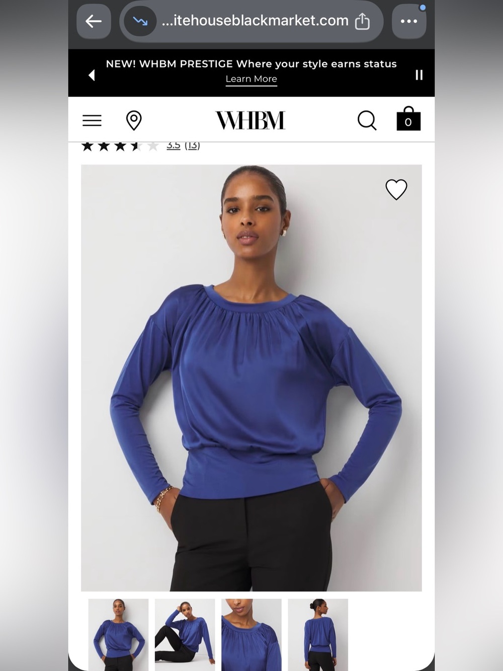 White House Black Market Royal Blue Gathered-Neck Long Sleeve Blouse